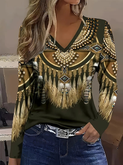 Tribal Print V-Neck T-Shirt - Casual Long Sleeve Top for Spring & Fall, Women's Clothing