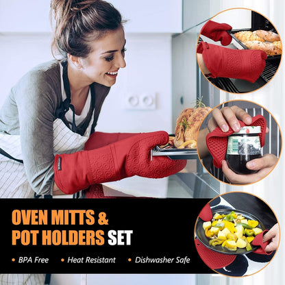 Premium Oven Mitts & Pot Holders Set - High Heat Resistant, Long, Non-Slip, Comfortable Grip - Essential Kitchen Tools for Home Cooks and Professionals