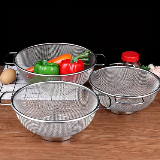 3pcs Stainless Steel Drain Basket Set - Fine Mesh Colanders with Handles for Pasta, Vegetables, Rice, and Fruit, Essential Kitchen Accessories