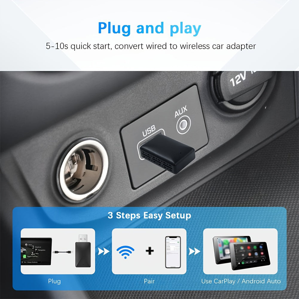 Universal 2-in-1 Wireless CarPlay and Android Auto Adapter - Plug and Play, Wi-Fi-Enabled, Low Latency Converter for iPhone iOS 12+ and Android 11+, Car Media Interface