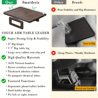 Brown Bamboo Sofa Tray Table with Armrest Clamp - Foldable Rectangular Multifunctional Table with Double Bracket - Ideal for Sofas and More