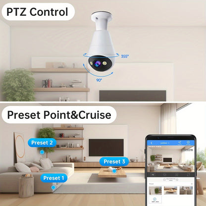 3MP Panoramic PTZ Rotation Light Bulb Wireless Security Camera – Motion Detection, Full-Color Night Vision and Two-Way Voice Call