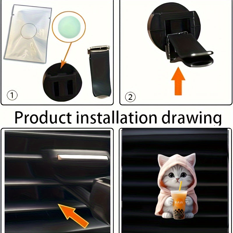 2-Pack Hoodie Cat and Boba Tea Acrylic Vent Clips - Decorative Air Fresheners for Car A/C Outlets with Scent Tablets, Aesthetic Vehicle Accessories for Interior Decor