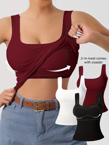 Women's 3-Piece Ribbed U-Back Tank Tops – Slim Fit with Removable Pads, Solid Colors, Casual Layering and Outerwear Camisoles