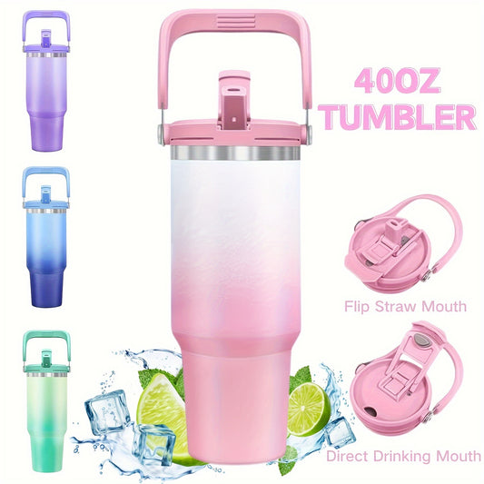 40oz Stainless Steel Roller with Portable Handle – Double Wall Vacuum Insulated with 2 in 1 Flip Straw Cover – Ideal for Hot and Cold Beverages, Sports, Outdoor Camping and Driving
