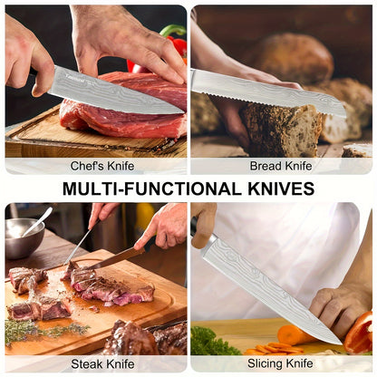 18pcs Kitchen Knife Set with Block & Sharpener Rod - High Carbon Stainless Steel Chef Knives, Ultra Sharp Full-Tang Design for Home Cooking