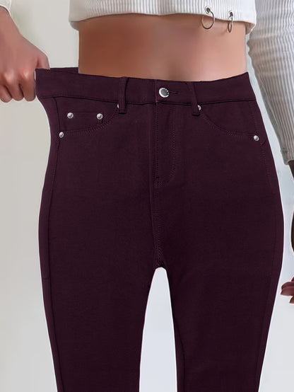 Women's High Waist Stretch Jeans - Street Style Skinny Denim Pants with Metal Button Details, Plain Black Casual Fashion