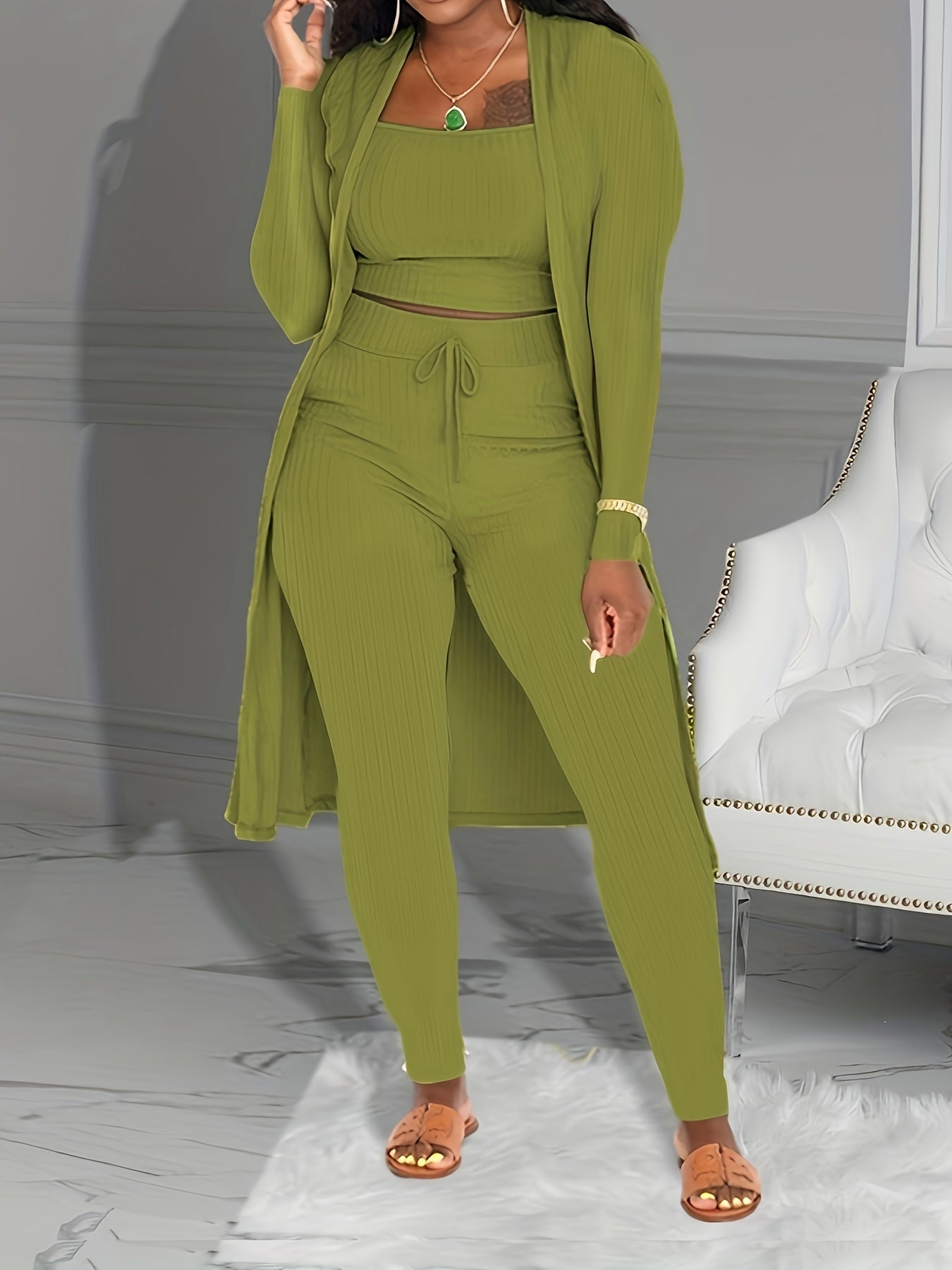 Women's Ribbed Solid Three-Piece Set - Open Front Long Sleeve Cardigan, Tank Top, and Lace-Up Pants Outfit