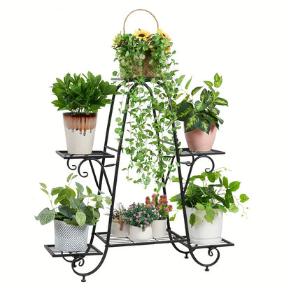 6 Tier Metal Plant Stand - Space-Saving Multi-Plant Display Rack - Sturdy Black Flower Pot Holder for Home and Patio Decor