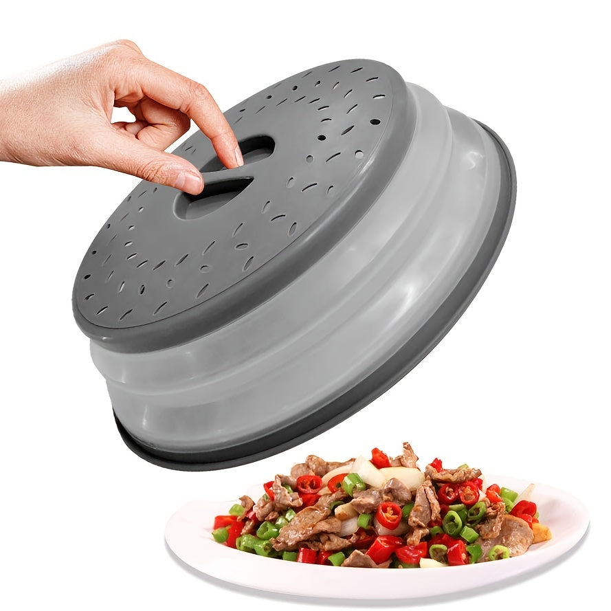 Collapsible Microwave Food Cover – 10.5 Inch Round, BPA-Free TPR with Handle, Steam Vent & Strainer for Plate Protection (Grey)
