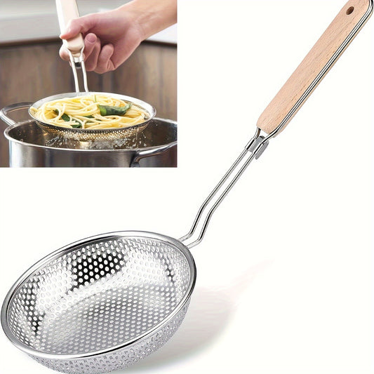 Stainless Steel Colander with Wooden Handle - Fine Mesh Skimmer Spoon for Cooking, Food Prep, and Grease Filtering, Perfect for Pasta and Noodles, Ideal for Restaurants