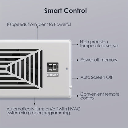 4" x 10" Smart Register Booster Fan – HVAC Building Supplies with Remote Control, Thermostat Control – Quiet Operation for Efficient Heating and Cooling