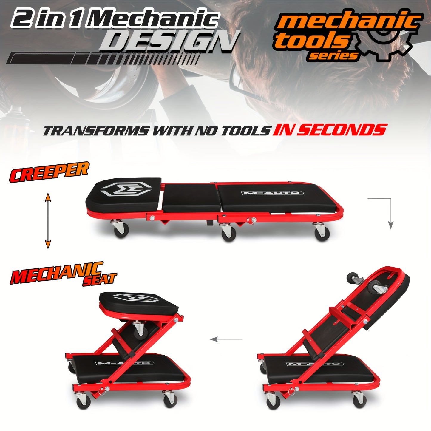 36-Inch 2-in-1 Rolling Folding Mechanic Creeper - Heavy-Duty with Casters, 330 lbs Weight Capacity
