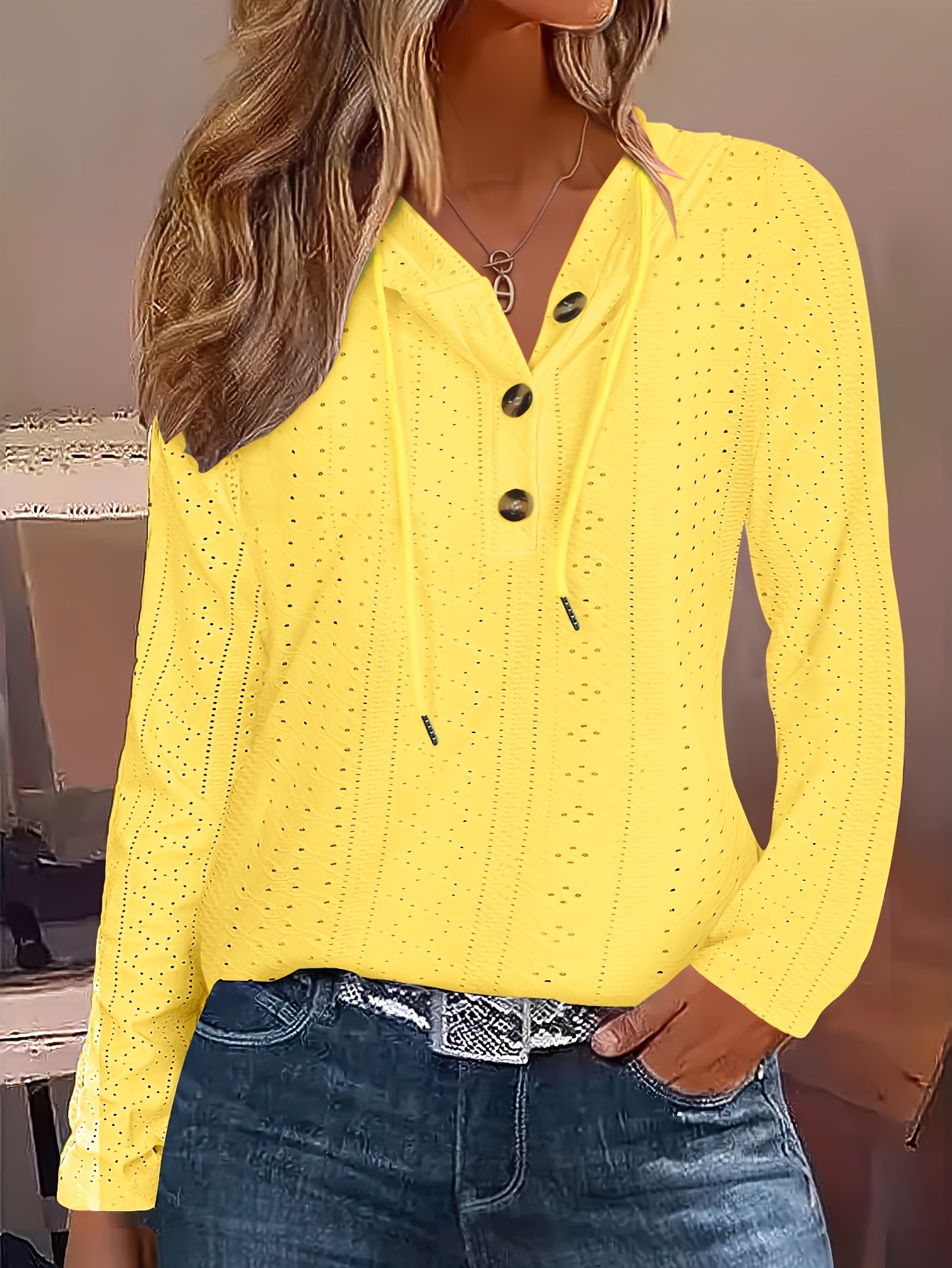 Solid Color Button Eyelet Hoodie – Casual Long Sleeve Drawstring Sweatshirt – Women's Clothing
