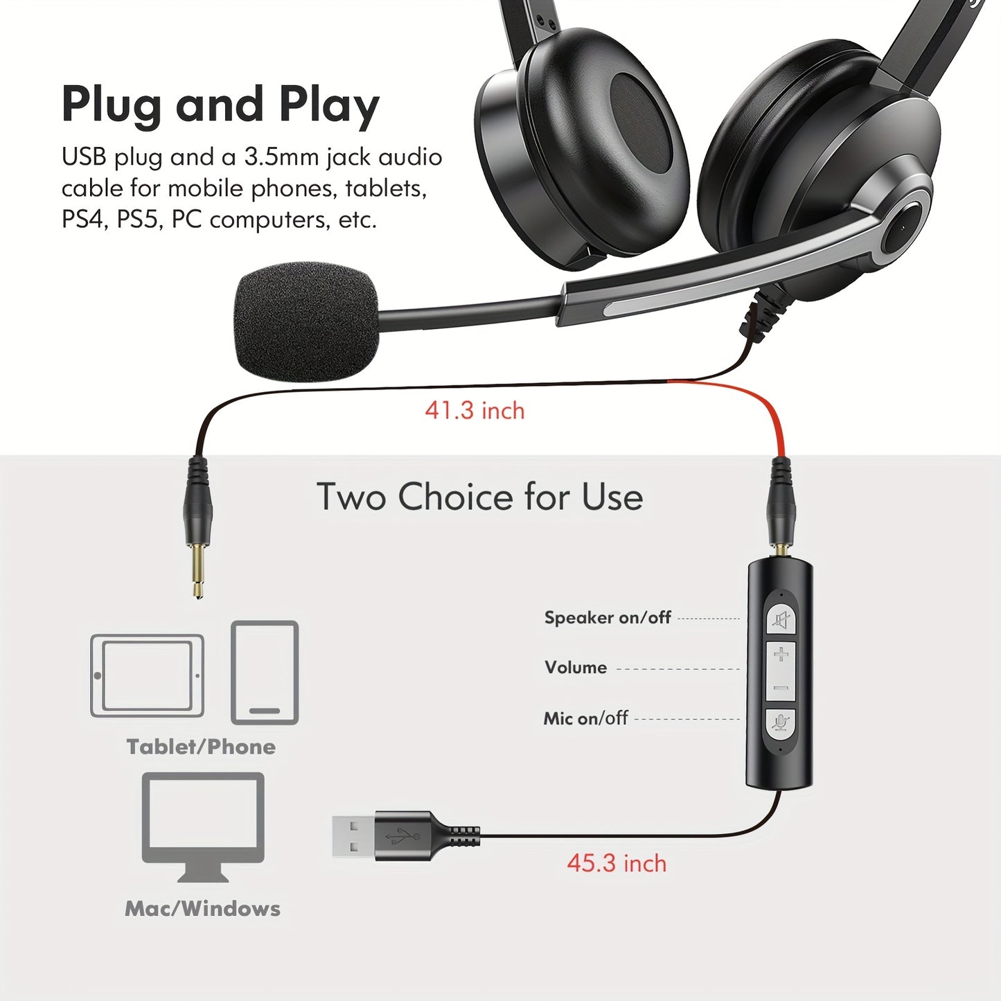 Stereo USB Headset with 3.5mm Jack - Noise Cancelling Microphone, In-Line Volume and Mute Control for PC, Laptop, Business Office, Skype, Zoom