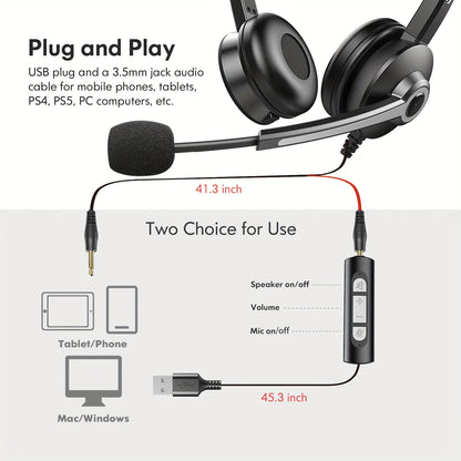 Stereo USB Headset with 3.5mm Jack - Noise Cancelling Microphone, In-Line Volume and Mute Control for PC, Laptop, Business Office, Skype, Zoom