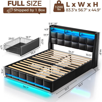 Twin Full Queen Bed Frame with LED Lighting and Charging Station - PU Leather/Neutral Linen Storage Headboard, Drawers, Heavy Duty Wood Slats, Easy Assembly - Modern Bedroom Furniture Upgrade