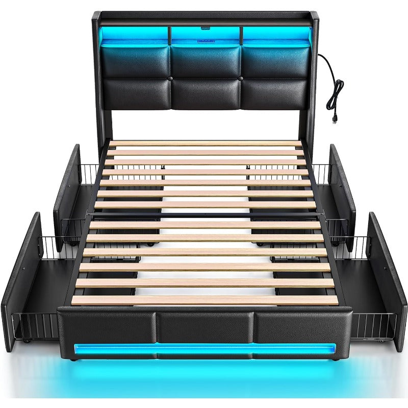 Twin Full Queen Bed Frame with LED Lighting and Charging Station - PU Leather/Neutral Linen Storage Headboard, Drawers, Heavy Duty Wood Slats, Easy Assembly - Modern Bedroom Furniture Upgrade
