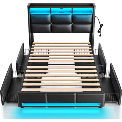 Twin Full Queen Bed Frame with LED Lighting and Charging Station - PU Leather/Neutral Linen Storage Headboard, Drawers, Heavy Duty Wood Slats, Easy Assembly - Modern Bedroom Furniture Upgrade