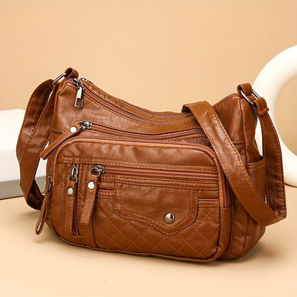 Fashion Multi-Zipper Crossbody Bag – Soft Vegan Leather Shoulder Bag with Multiple Pockets – Women's Handbag Purse