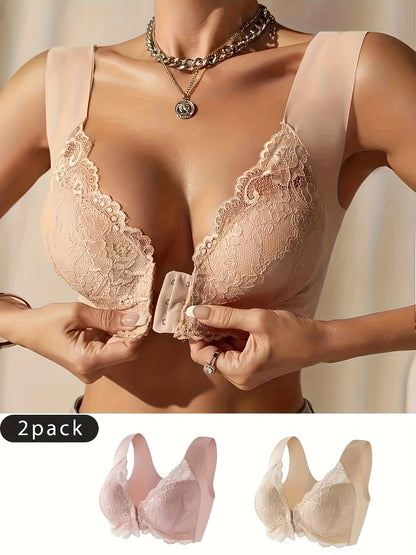 2 Pack Elegant Lace Deep V-Neck Wireless Bras – Comfortable Front Closure, Soft Cups, Breathable Fabric, Adjustable Straps – Fashionable Lingerie Set for Everyday Wear