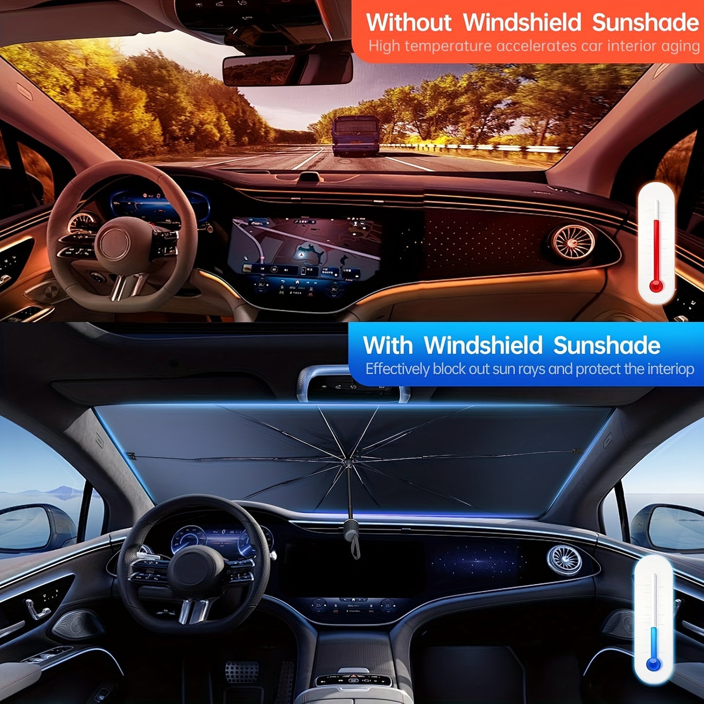 2024 Iridescent Car Windshield Sun Shade Umbrella – 360° Anti-Scratch Handle, Foldable UV Ray Blocking Cover, 10-Layer Fabric Front Windshield Cover (55x31.5 Inch)