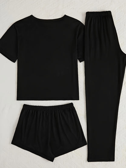 Women's 3-Piece Pajama Set – Simple Short Sleeve Sleepwear with 'WEEKEND' Print, Comfy Casual Loungewear
