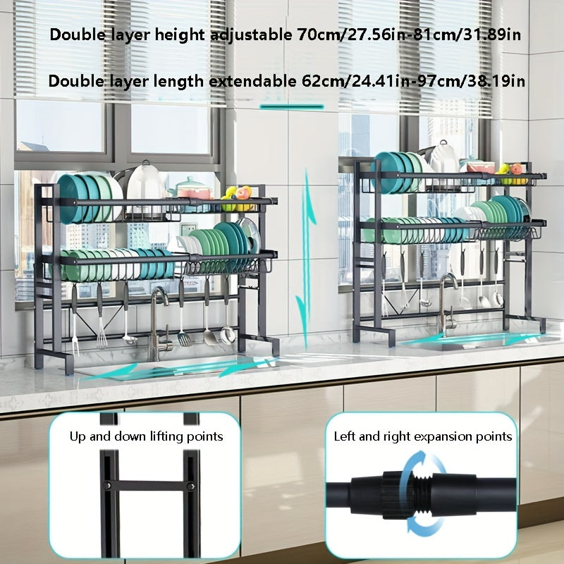 Expandable Stainless Steel Sink and Bowl Rack - 2 Layer Adjustable with Cutlery and Chopstick Rack, Black