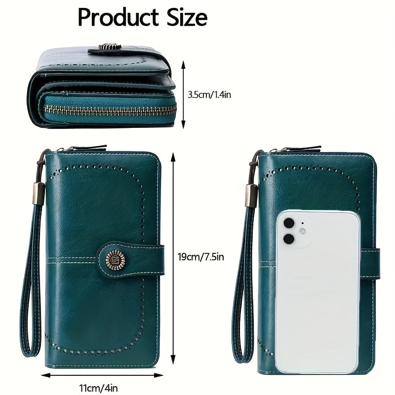 RFID Large Capacity Women's Wallet - Retro Style, Multi-Card, Solid Color with Zipper and Wrist Strap