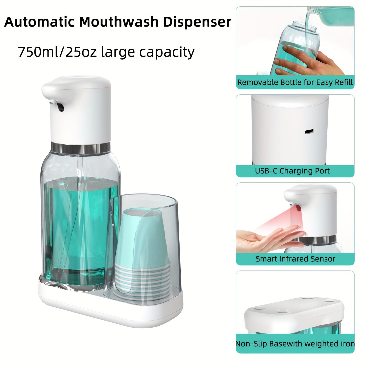 Automatic Mouthwash Dispenser – Smart Rinse Pump with Cup Holder, Infrared Sensor, 2 Dispense Levels, Rechargeable for All Ages