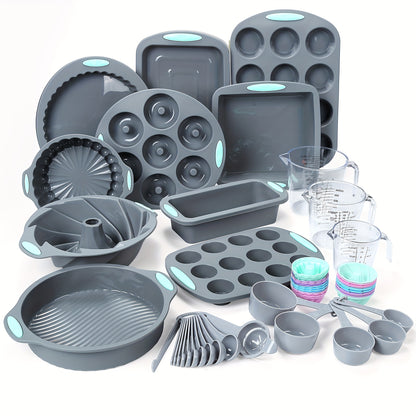 45pcs Silicone Baking Set - Nonstick Bakeware for Cookies, Cakes, Muffins, Bread, Pizza, Mini Cupcakes, Bundt, Charlotte Cake Pan, Includes Measuring Cups & Spoons, Baking Tools