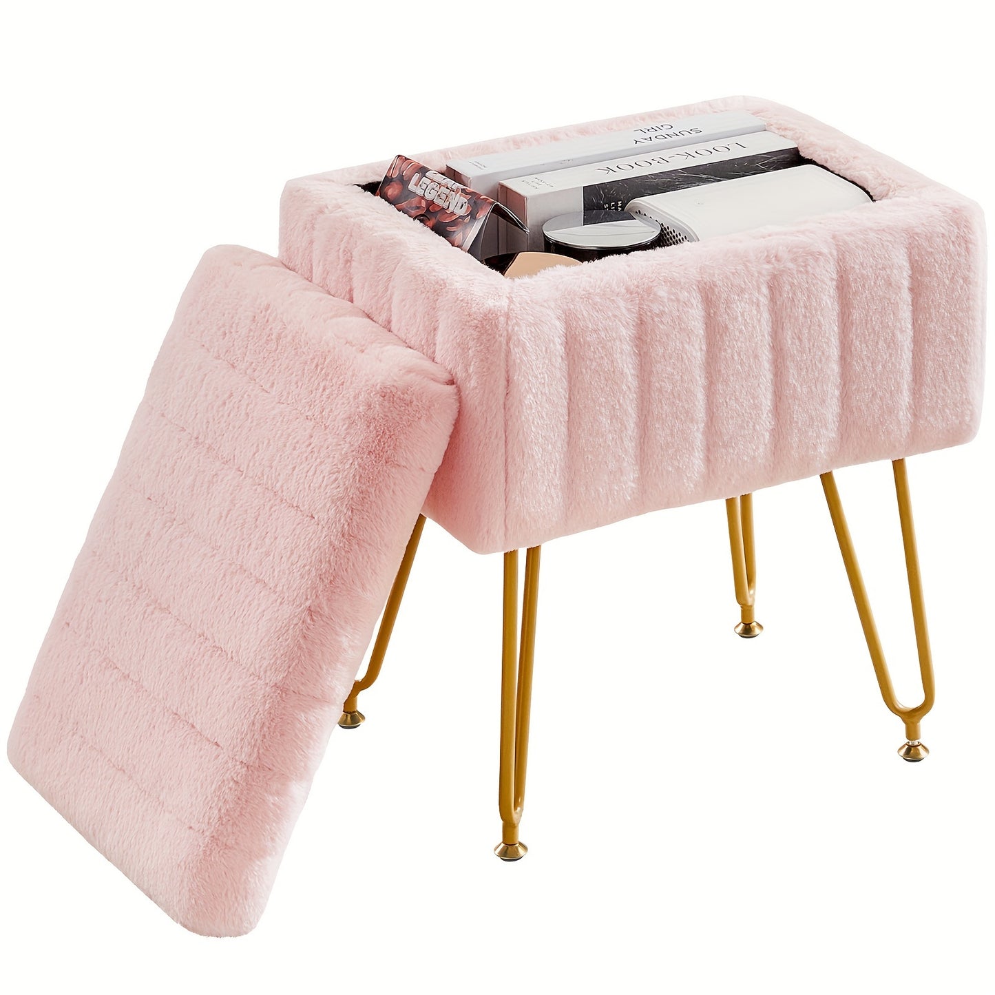 Luxurious Faux Fur Vanity Storage Ottoman Chair - Metal Legs, Flip-Top Foot Rest, Soft Padded Seat, Ample Storage