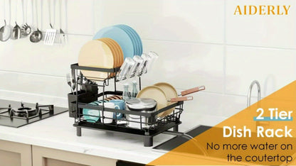 2-Tier Iron Bowl and Dish Drying Rack - Space-Saving Kitchen Organizer with Knife Cup and Tableware Holder - Rust-Resistant Metal Construction for Easy Cleaning