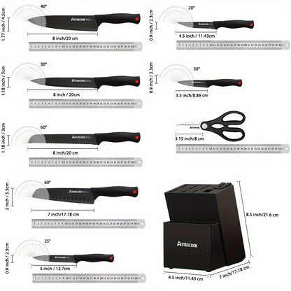 15 Piece Astercook Premium Knife Set - German Steel, Dishwasher Safe, Includes Elegant Black Block and Built-In Sharpener for Precision Cutting