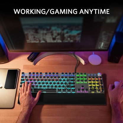 Mechanical Gaming Keyboard with LED Rainbow Backlit - 104 Anti-Ghosting Keys, Quick-Response Black Switches, Multimedia Controls, Removable Hand Rest for PC and Desktop Computers