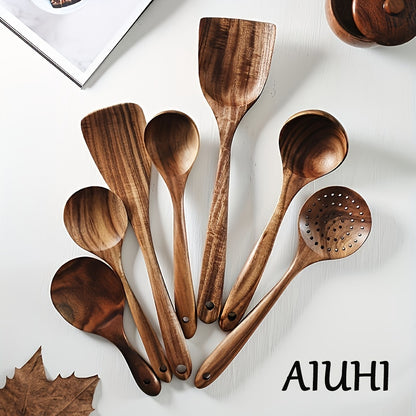 7pcs Premium Teak Wooden Cooking Spoons Set - Ergonomic Non-Stick Spatula with Soft Grip Handle - Perfect for Back to School, Kitchen Essentials, and Culinary Arts