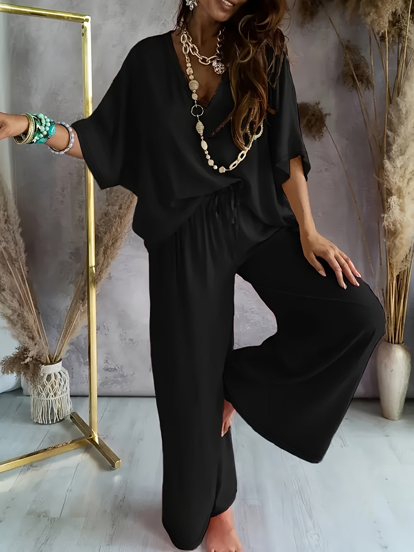 Women's Elegant Solid Color Knit V-Neck Half Sleeve Top and Wide Leg Pants Set – Micro Elasticity, Polyester Fabric, Spring/Summer Casual Outfit