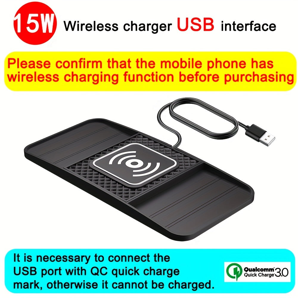 15W Fast Wireless Charging Pad with USB Connector - Non-Slip Rubber Mat for Car, Lightweight USB-Powered Charger for Qi-Enabled Devices, Phone, Watch & Earbuds Multi-Device Charging