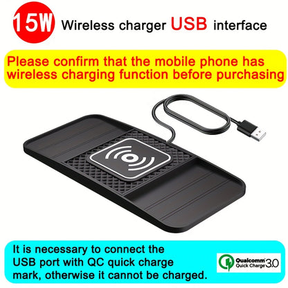 15W Fast Wireless Charging Pad with USB Connector - Non-Slip Rubber Mat for Car, Lightweight USB-Powered Charger for Qi-Enabled Devices, Phone, Watch & Earbuds Multi-Device Charging