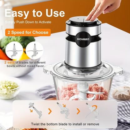500W Food Processor – Electric Meat Grinder with 2 x 8-Cup Bowls, Bi-Level Blades, 2 Speed Settings – Ideal for Vegetables, Meat, Nuts, and Baby Food, Black
