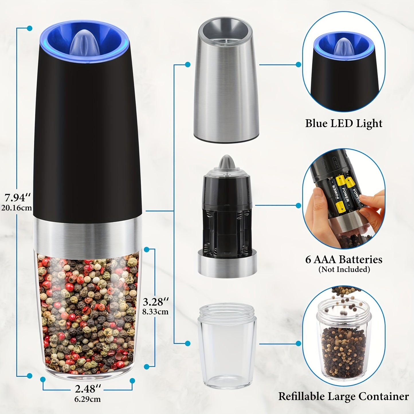 Gravity Electric Salt and Pepper Grinder Set: Battery-Powered with LED Light, One-Handed Automatic Operation, Adjustable Coarseness, Black - Kitchen Gadget Gift Idea