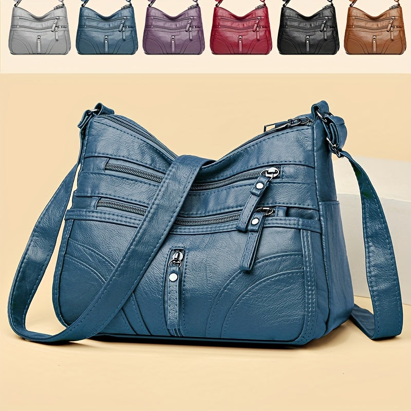 Women's Soft Faux Leather Crossbody Bag - Casual Style Shoulder Purse with Multi Pockets, Adjustable Strap, and Zipper Closure