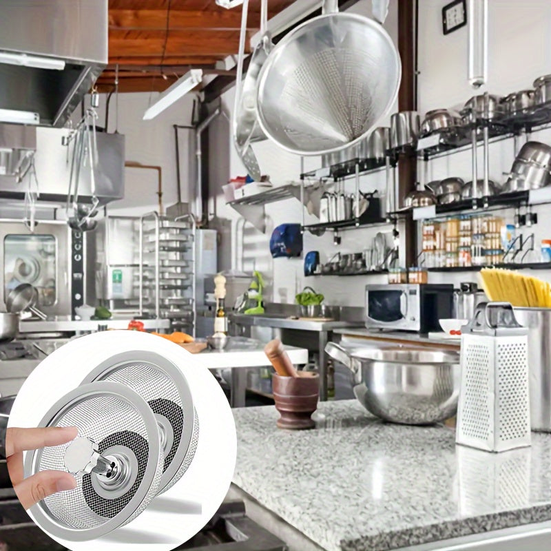 2PCS Kitchen Sink Strainer with Handle & Stopper - Stainless Steel Mesh Filter, Replacement Drain Basket, Waste Hole Trap for Hotels and Restaurants
