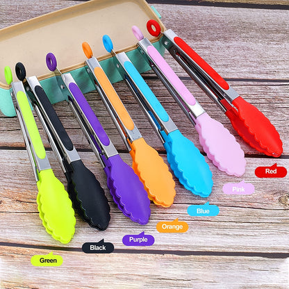 3pcs/7pcs Kitchen Tongs - 7 Inch Small Silicone Tongs with Stainless Steel Handles, Heat Resistant, Non-Stick, Locking Food Tongs for Cooking, Grilling, and Frying
