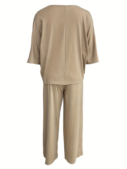 Women's Elegant Solid Color Knit V-Neck Half Sleeve Top and Wide Leg Pants Set – Micro Elasticity, Polyester Fabric, Spring/Summer Casual Outfit