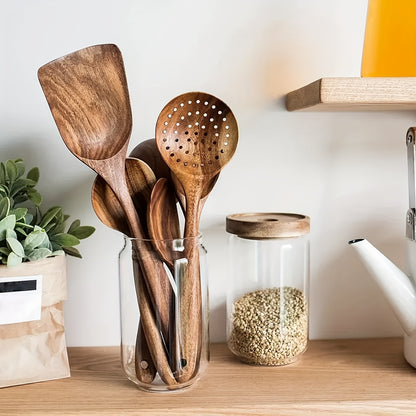 5pcs Wooden Kitchen Utensils Set – Natural Wooden Spoons, Spurtle, Ladle & Wok Spatulas for Non-Stick Pans