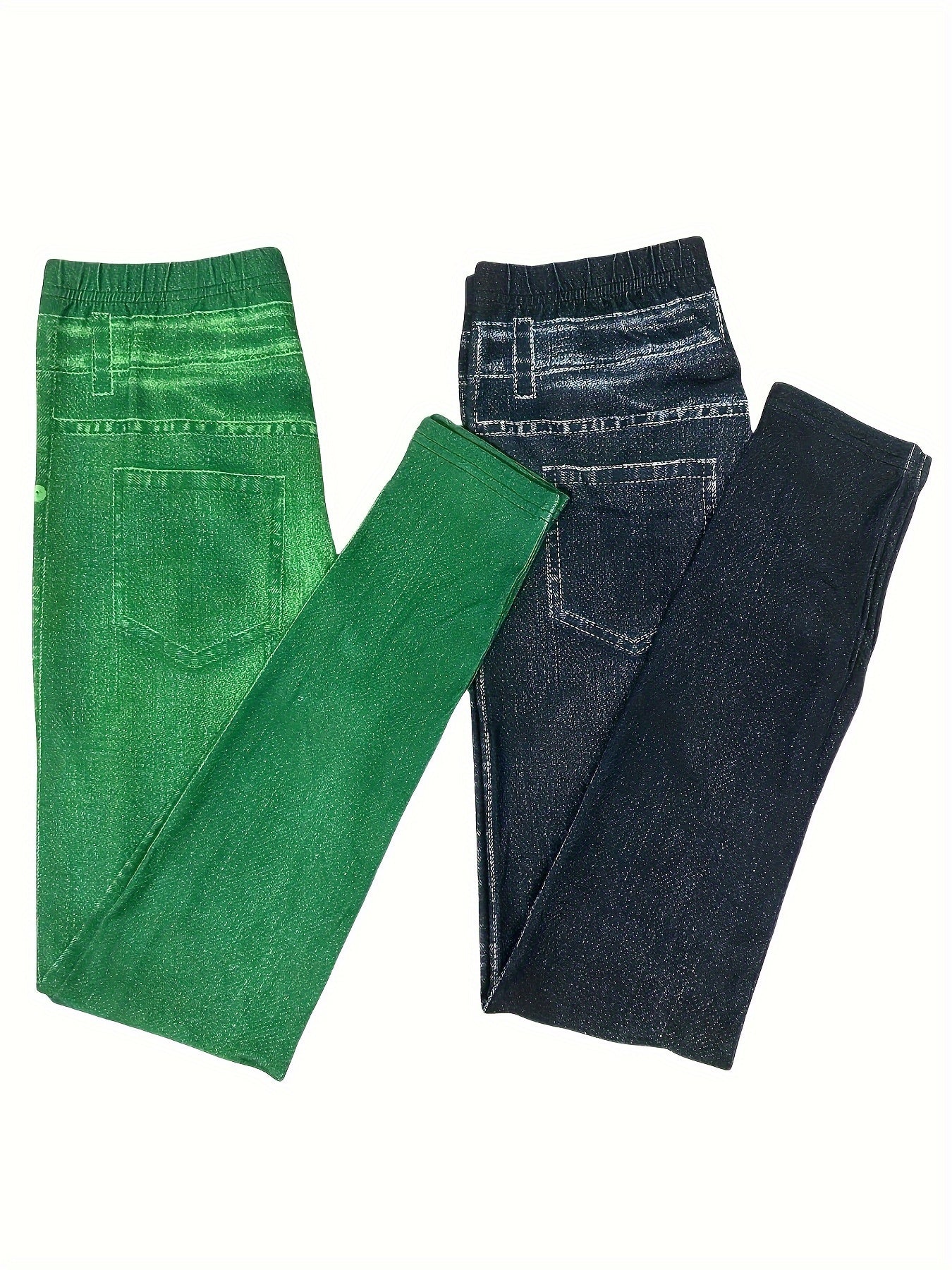 2 Pack Imitation Denim Print Pants - Casual Stretchy Everyday Pants for Women