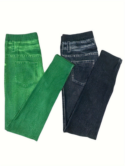 2 Pack Imitation Denim Print Pants - Casual Stretchy Everyday Pants for Women