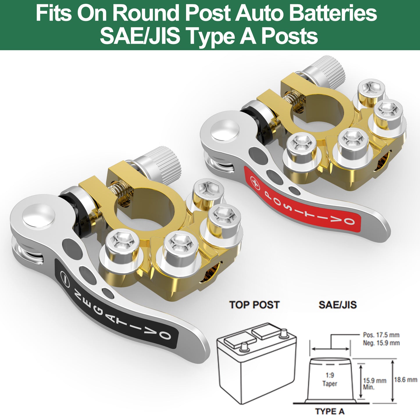 LotFancy 4Pcs Car Battery Terminal Connectors – Quick Release Disconnect, 4-Way Positive & Negative