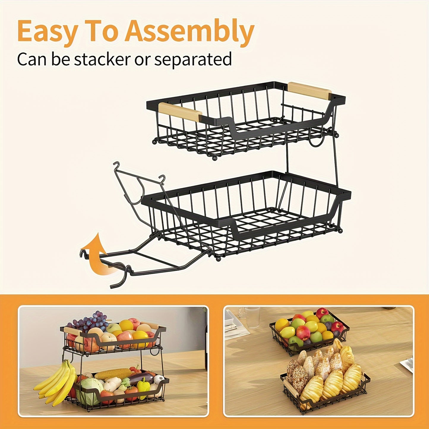 2 Tier Countertop Fruit Basket with 2 Banana Hangers - Detachable Metal Organizer for Bread, Vegetables & Fruits, Large Capacity Rectangular Storage Stand with Wooden Handle, Black